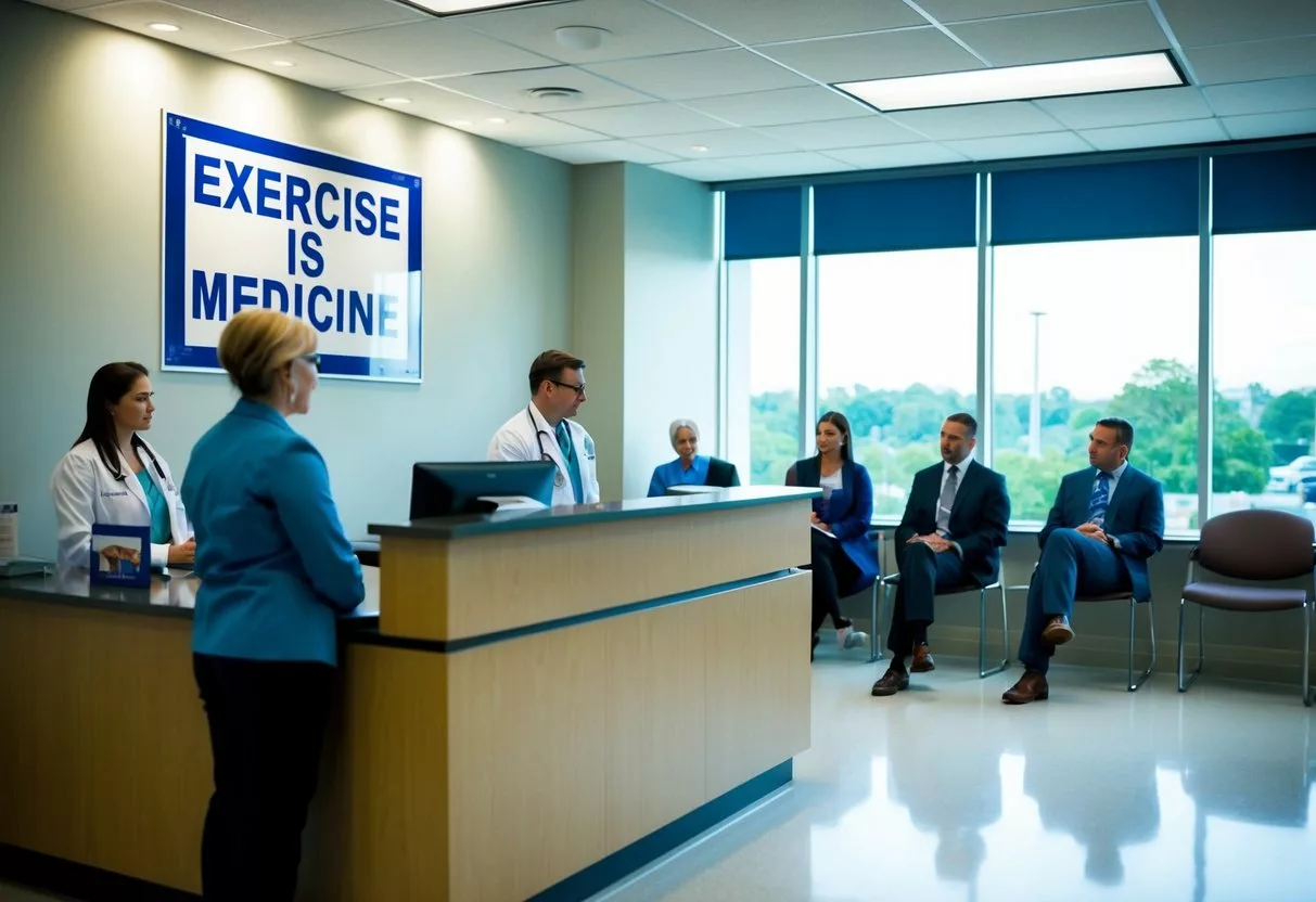 A doctor's office with a prominent "Exercise is Medicine" poster, people waiting, and a receptionist desk