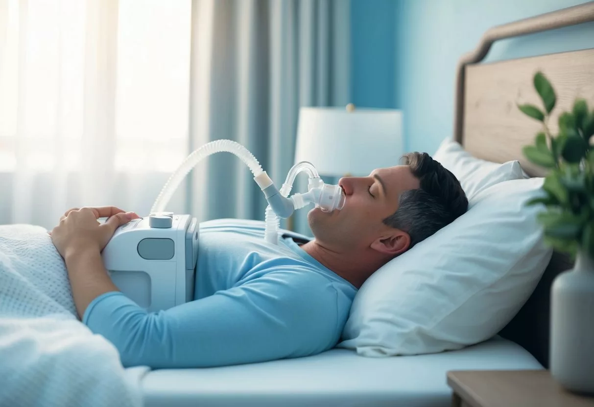 A peaceful bedroom with a person using a CPAP machine, surrounded by a calming atmosphere and a sense of relief from their sleep apnea