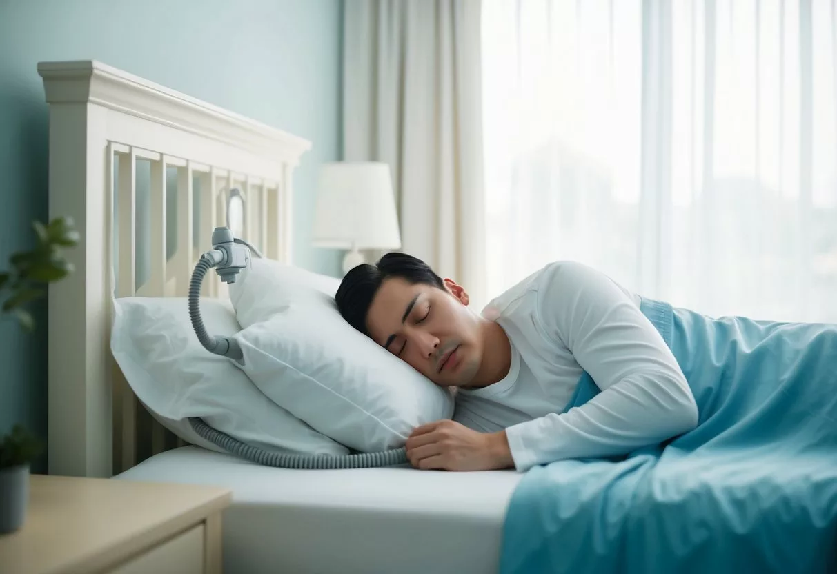 A peaceful bedroom with a person sleeping in bed, connected to a CPAP machine, surrounded by a calm and serene atmosphere