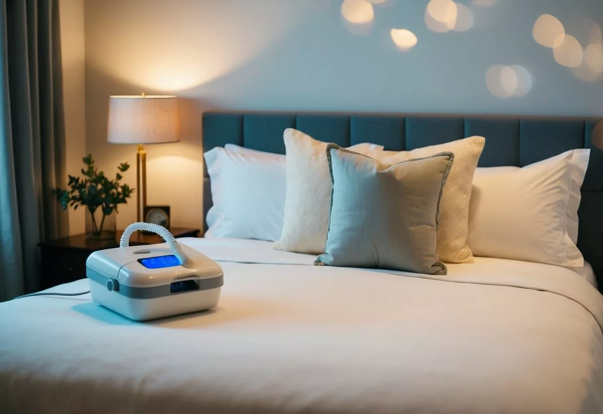 A serene bedroom with a comfortable bed, a CPAP machine on the nightstand, and soft, ambient lighting to create a relaxing atmosphere