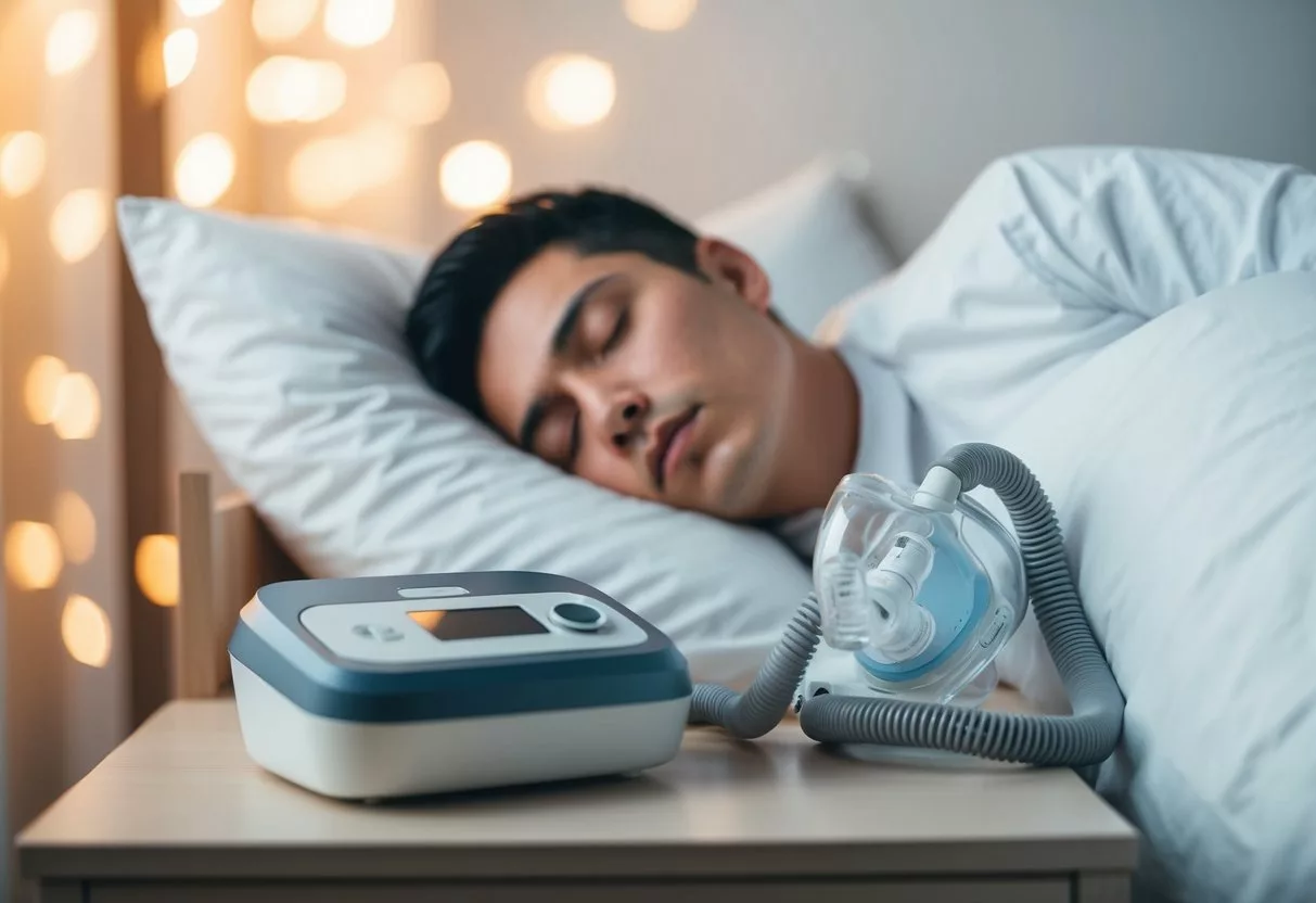 A person sleeping peacefully with a CPAP machine on the bedside table