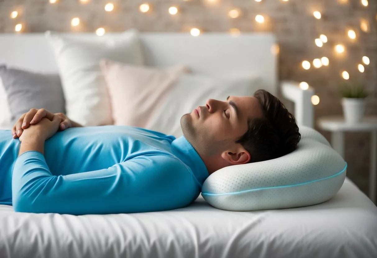 A person sleeping on their side with a specialized sleep apnea pillow supporting their head and neck