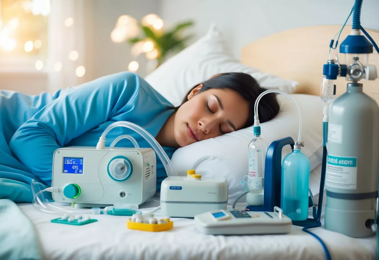 A person sleeping peacefully in bed, surrounded by various medical equipment such as a CPAP machine, oxygen tank, and medication