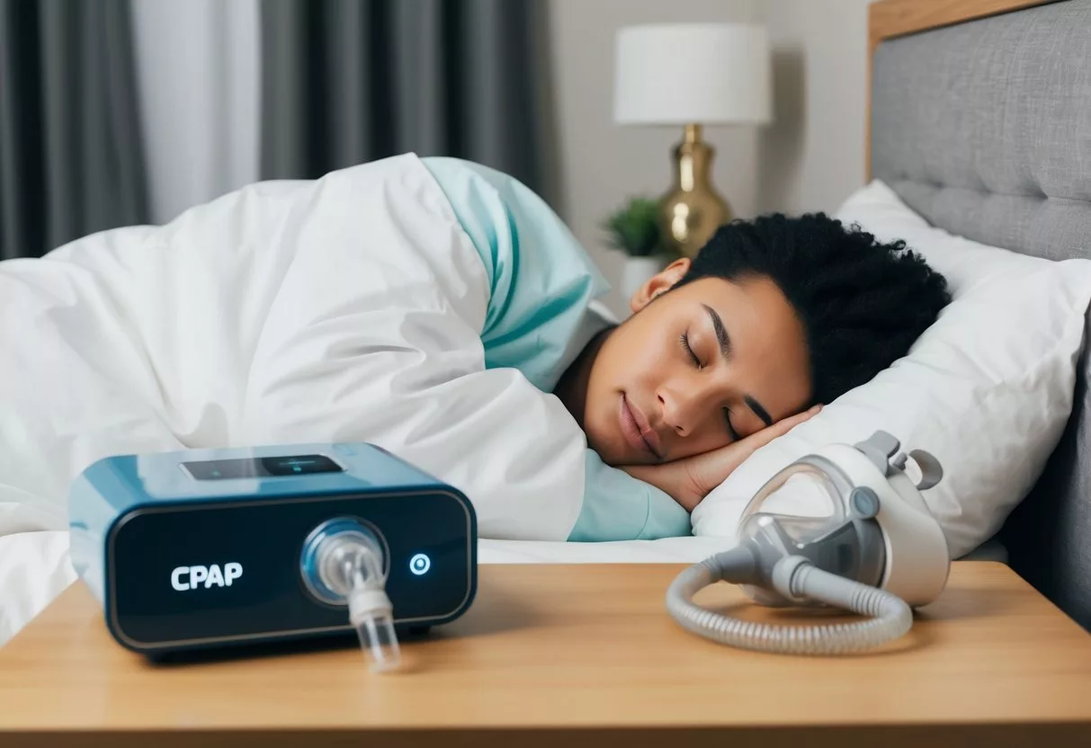 A person sleeping peacefully in bed, with a CPAP machine on the bedside table and a sleep apnea mouthpiece on the nightstand