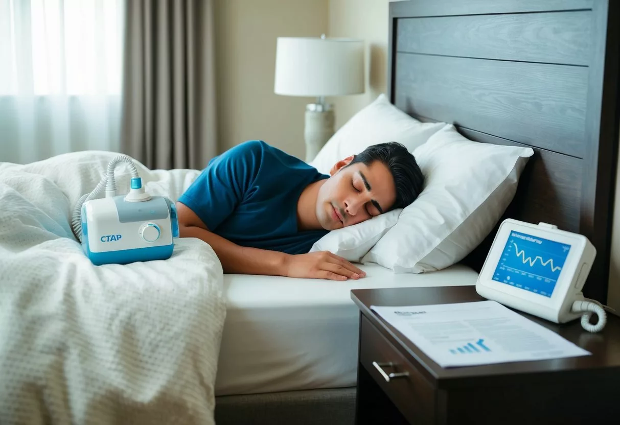 A person sleeping peacefully in bed, with a CPAP machine on the bedside table and a sleep study report on the nightstand