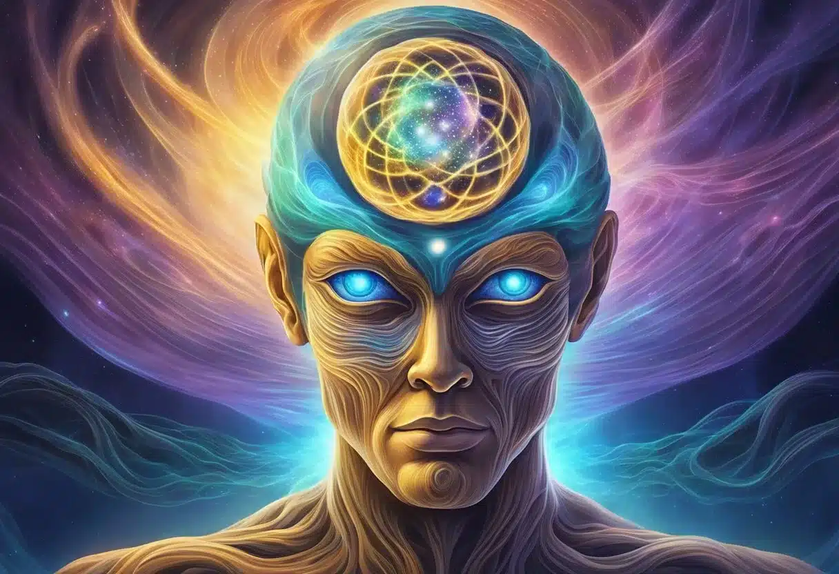 A glowing pineal gland surrounded by swirling cosmic energy