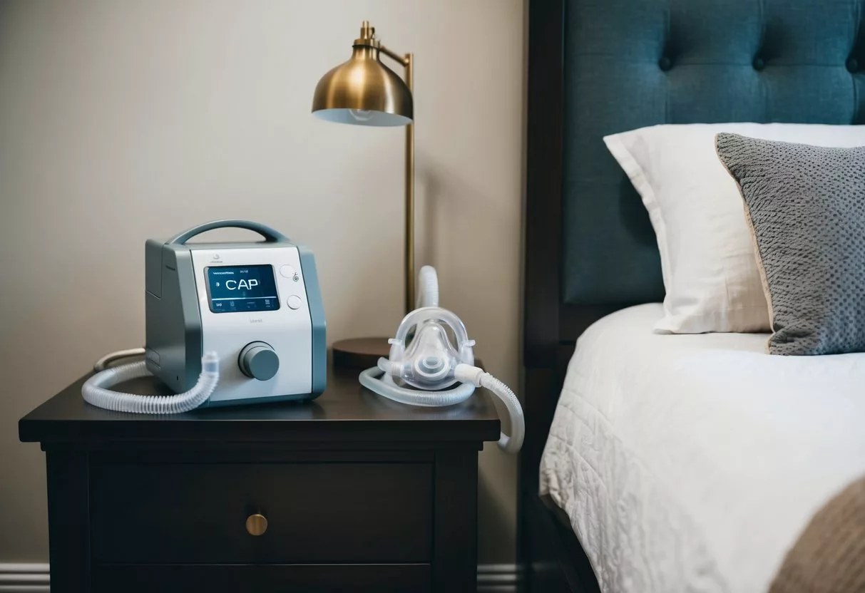 A bedside table with a CPAP machine, mask, and tubing. A comfortable bed with pillows and a cozy blanket