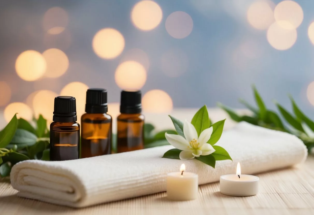 A serene spa-like setting with a massage table, essential oils, and calming music for relaxation and self-care