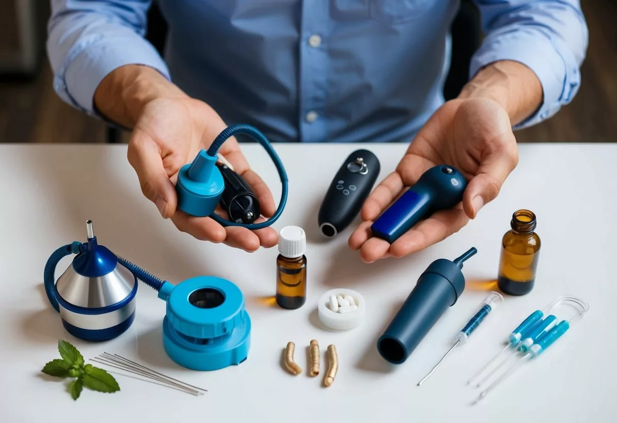 A man's hand holding a variety of assistive devices and alternative therapy items for treating erectile dysfunction, such as vacuum pumps, herbal supplements, and acupuncture needles