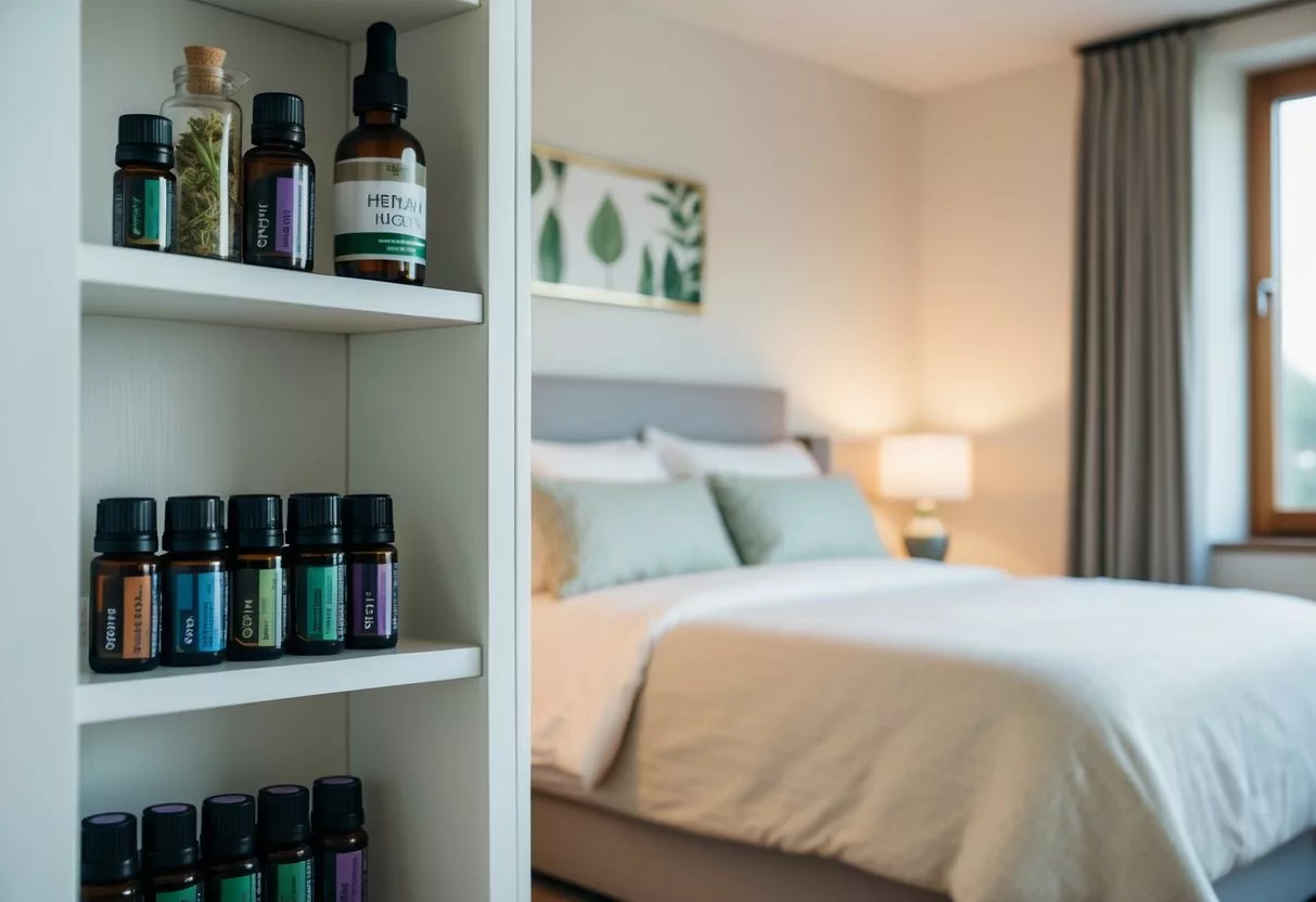 A serene bedroom with soft lighting, a cozy bed, and a calming atmosphere. A shelf with herbal remedies and essential oils for natural treatments