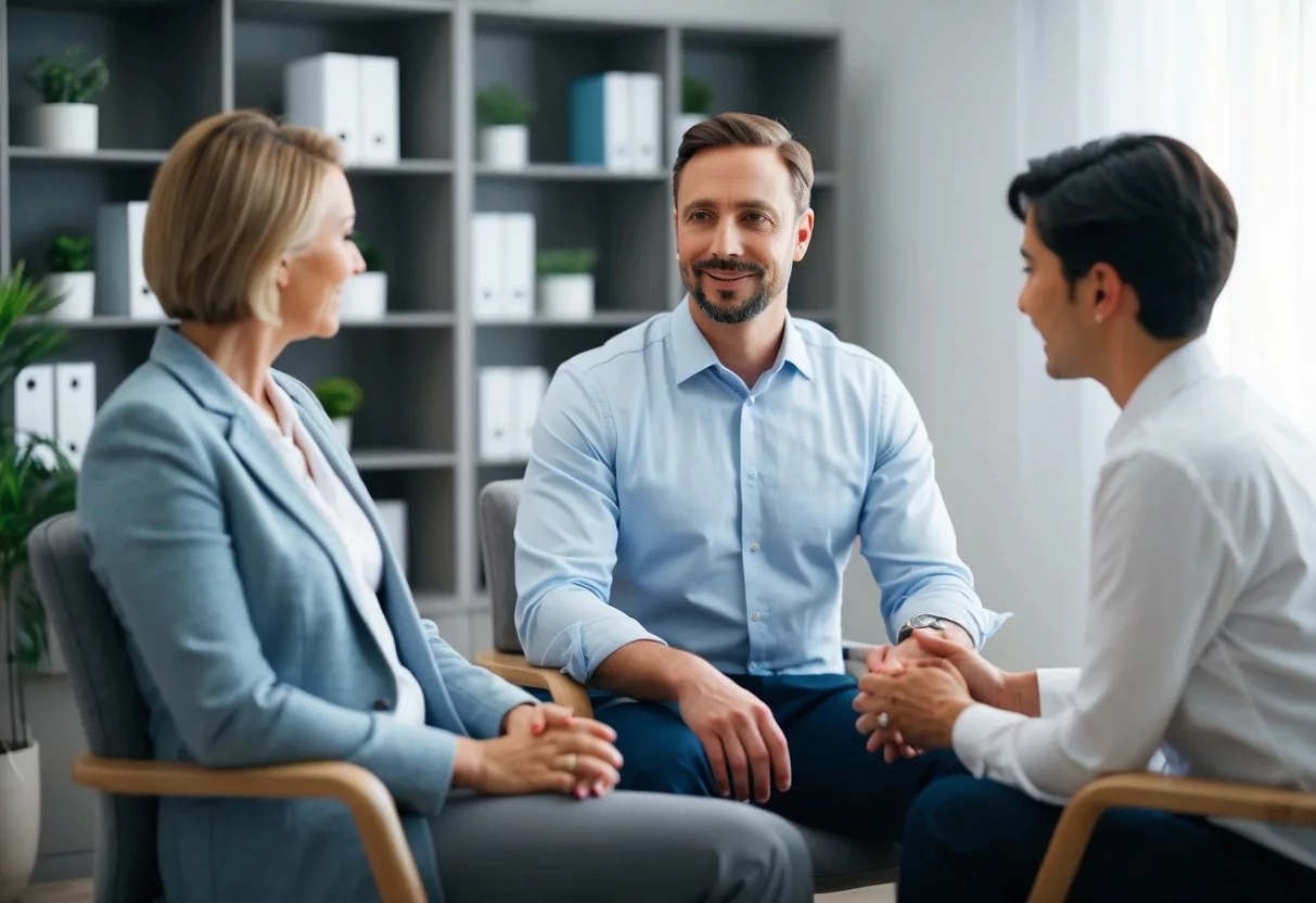 A man sitting in a therapist's office, surrounded by calming decor and soft lighting, engaged in a conversation with the therapist