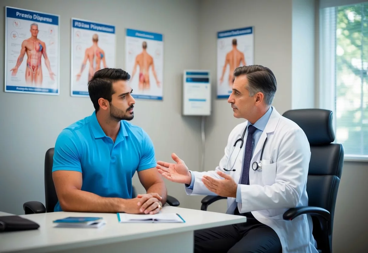 A man sitting in a doctor's office, discussing treatment options with the physician. Medical diagrams and brochures on erectile dysfunction are displayed on the walls