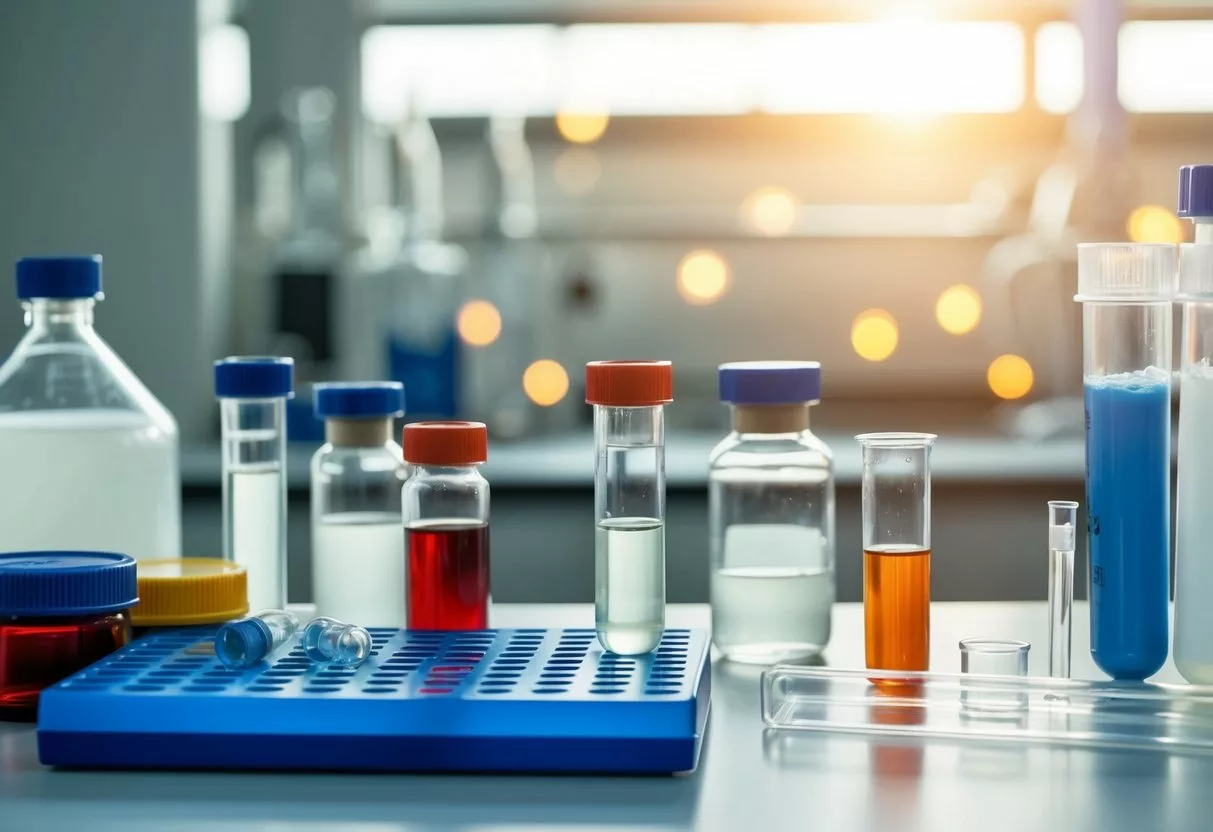 A lab bench with various vials, test tubes, and scientific equipment