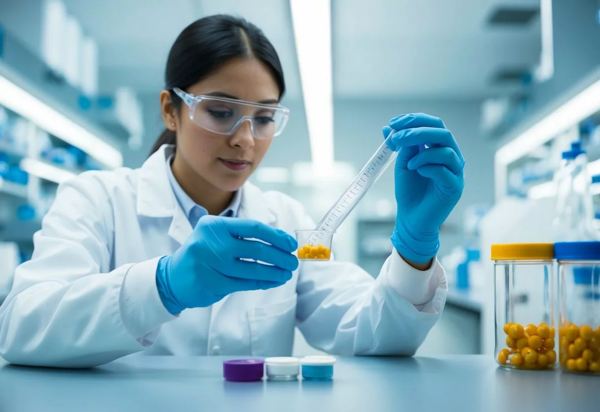 A lab technician carefully measures and mixes pharmaceutical compounds in a sterile, well-lit laboratory setting