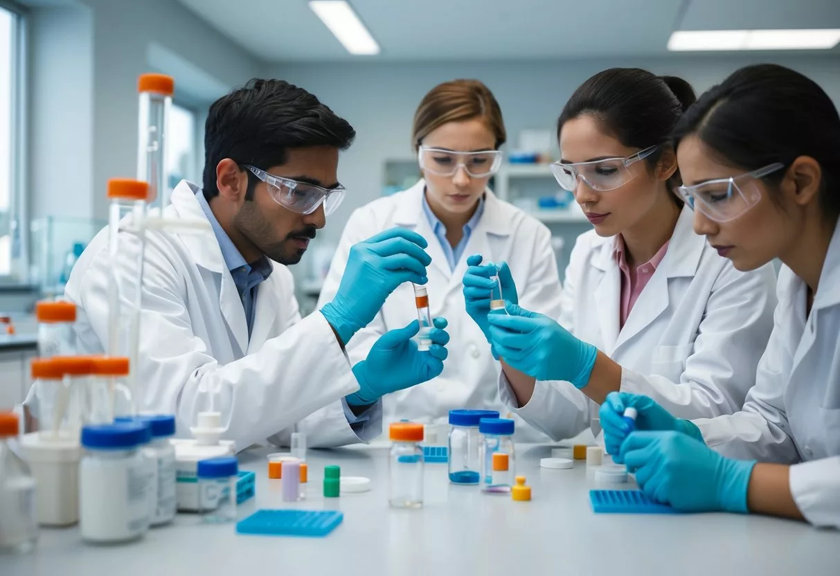 A laboratory setting with scientists conducting experiments on pharmaceutical compounds at various stages of clinical trials