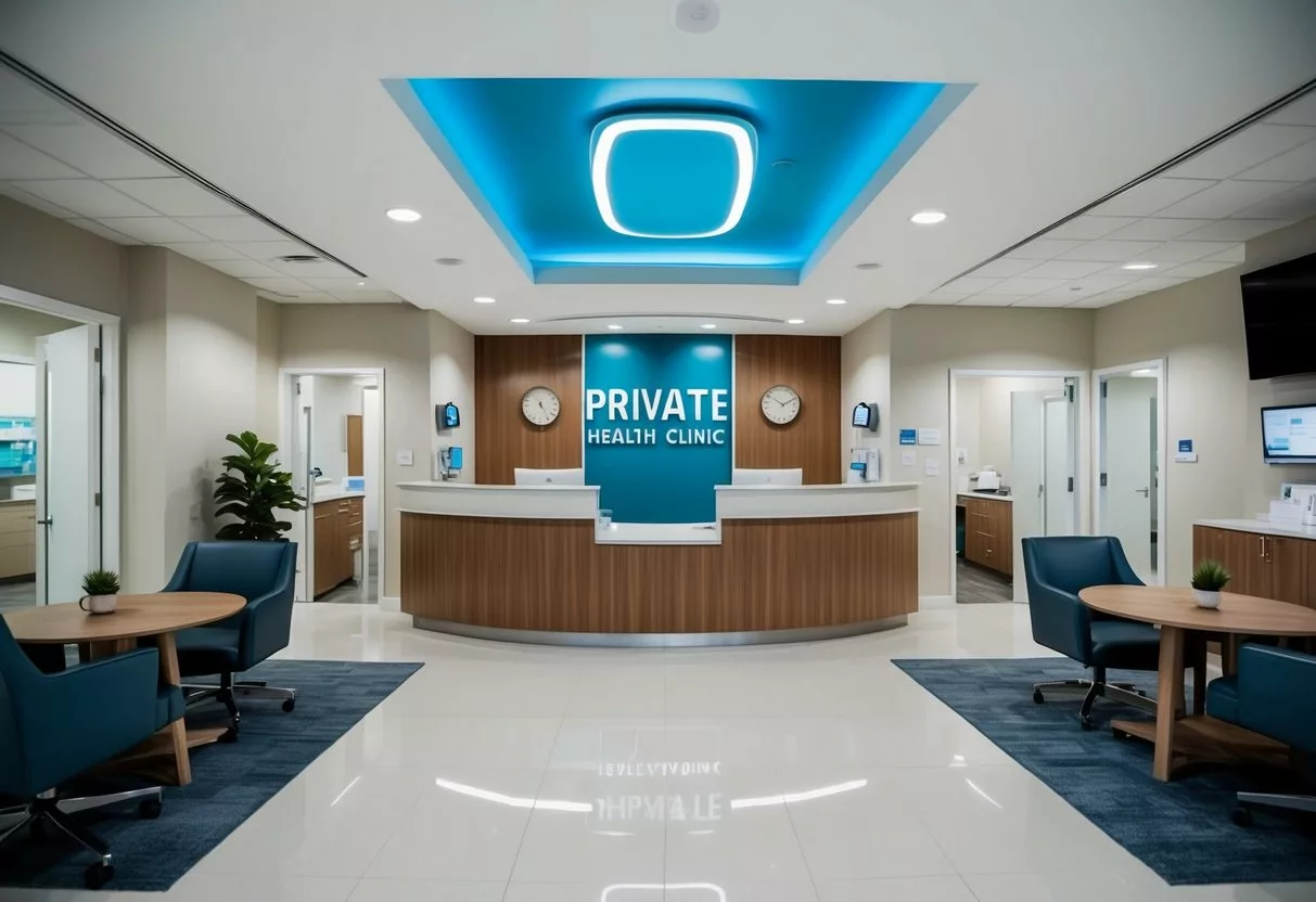 A modern private health clinic with a reception area, consultation rooms, and medical equipment