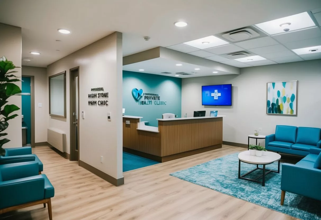 A modern private health clinic with a reception area, comfortable waiting room, and consulting rooms with medical equipment