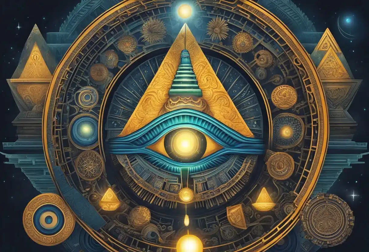 A glowing pineal gland surrounded by ancient symbols and cultural artifacts, emitting a powerful energy that affects the surrounding environment