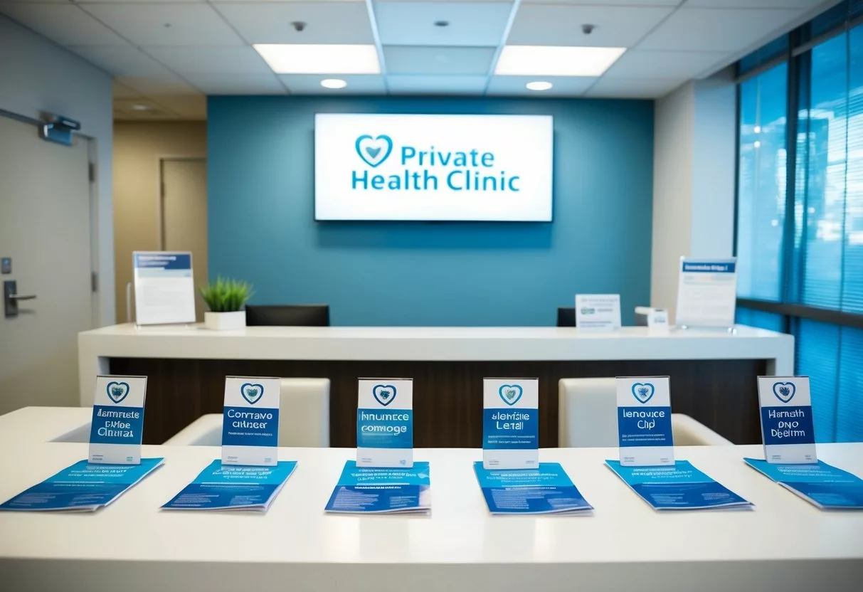 A modern private health clinic with various insurance logos displayed and a reception desk with coverage options pamphlets