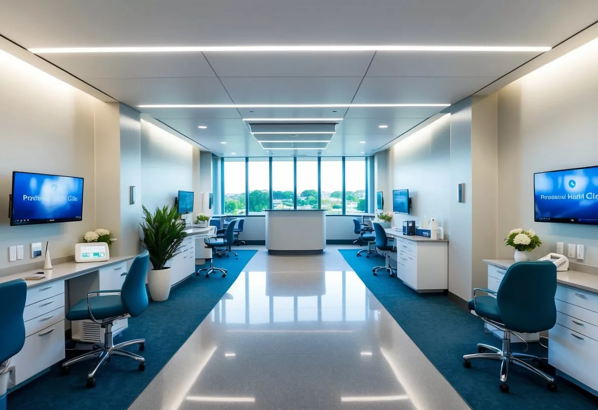 A modern private health clinic with sleek architecture and a welcoming reception area. Multiple examination rooms and state-of-the-art medical equipment