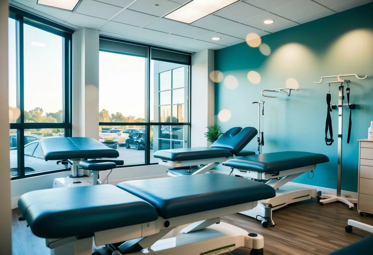 A modern clinic with exercise equipment, treatment tables, and a calming atmosphere for physical therapy and rehabilitation