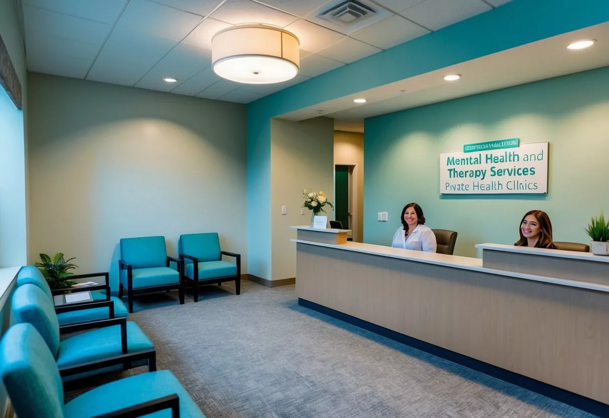 A serene waiting room with comfortable seating, soft lighting, and calming decor. A reception desk with a friendly receptionist and a sign indicating "Mental Health and Therapy Services Private Health Clinics."