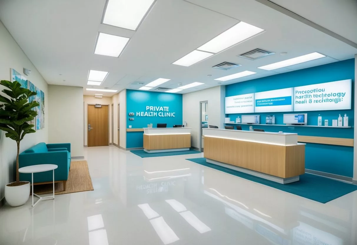 A modern private health clinic with clean, bright waiting area, reception desk, and various medical rooms equipped with advanced technology