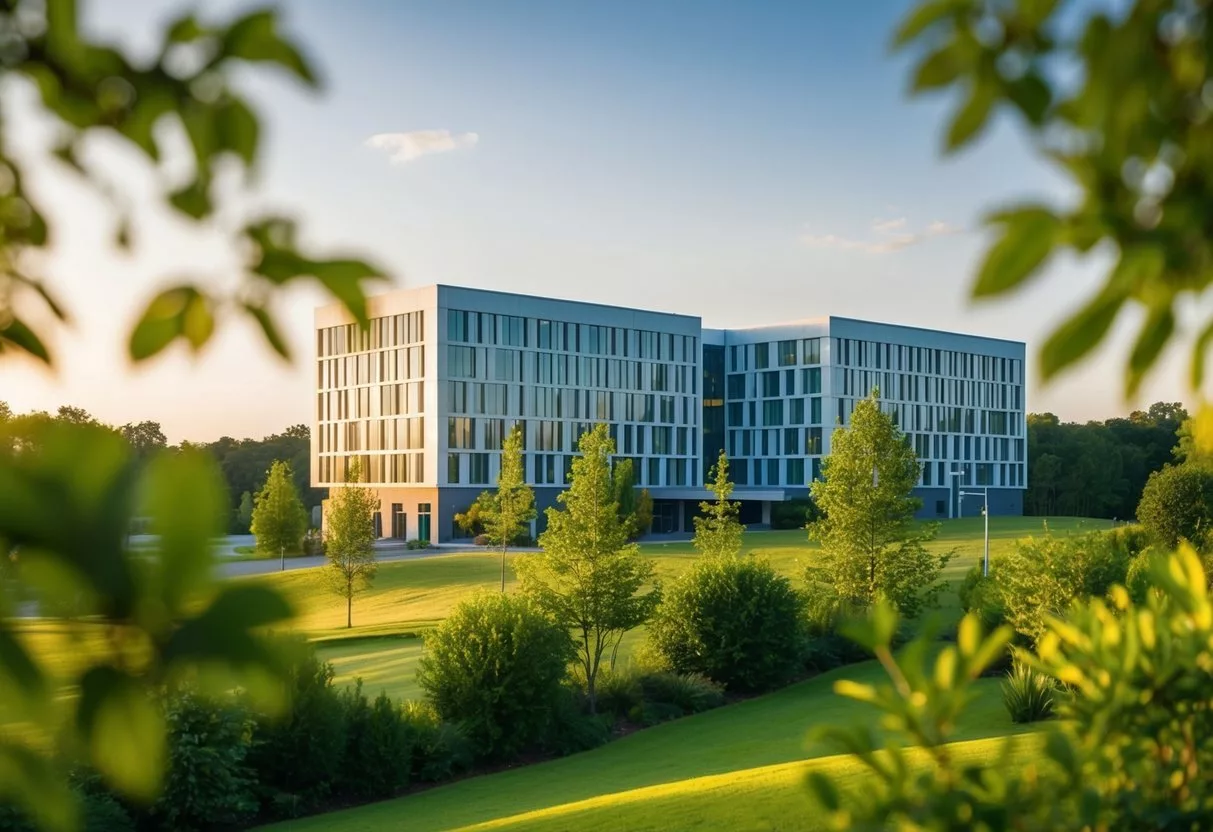 A serene landscape with a modern building surrounded by greenery, indicating a peaceful and healing environment for drug rehabilitation