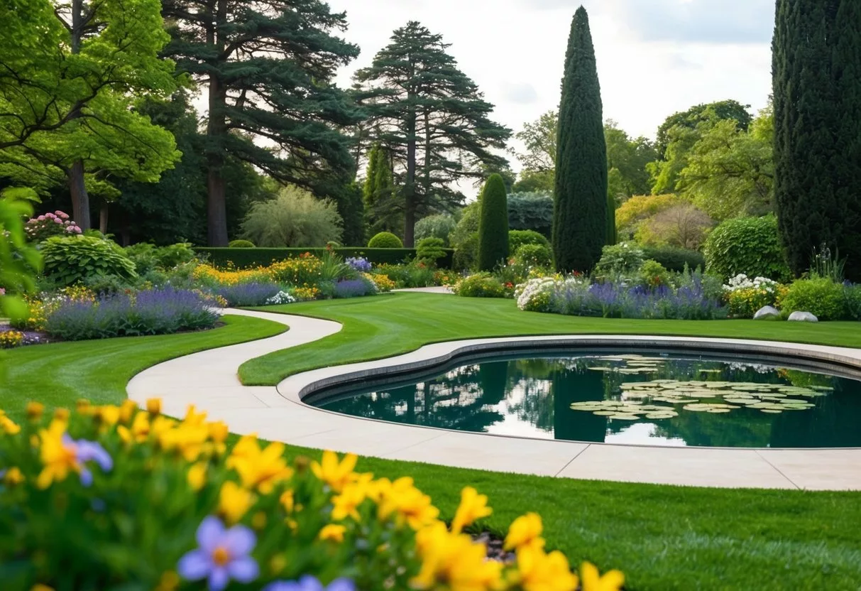 A serene garden with winding paths, blooming flowers, and a tranquil pond surrounded by tall trees