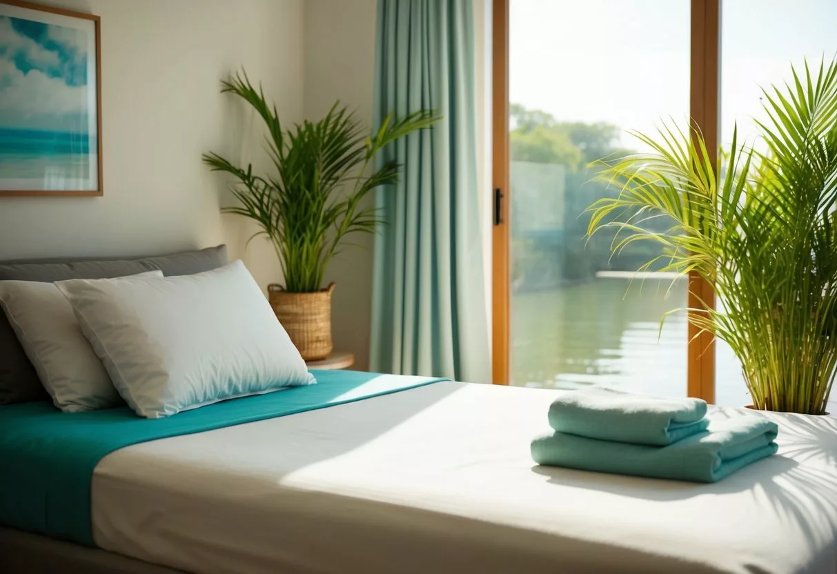 A serene, sunlit room with a comfortable bed, soothing colors, and natural elements like plants and water, creating a tranquil environment for detox and recovery