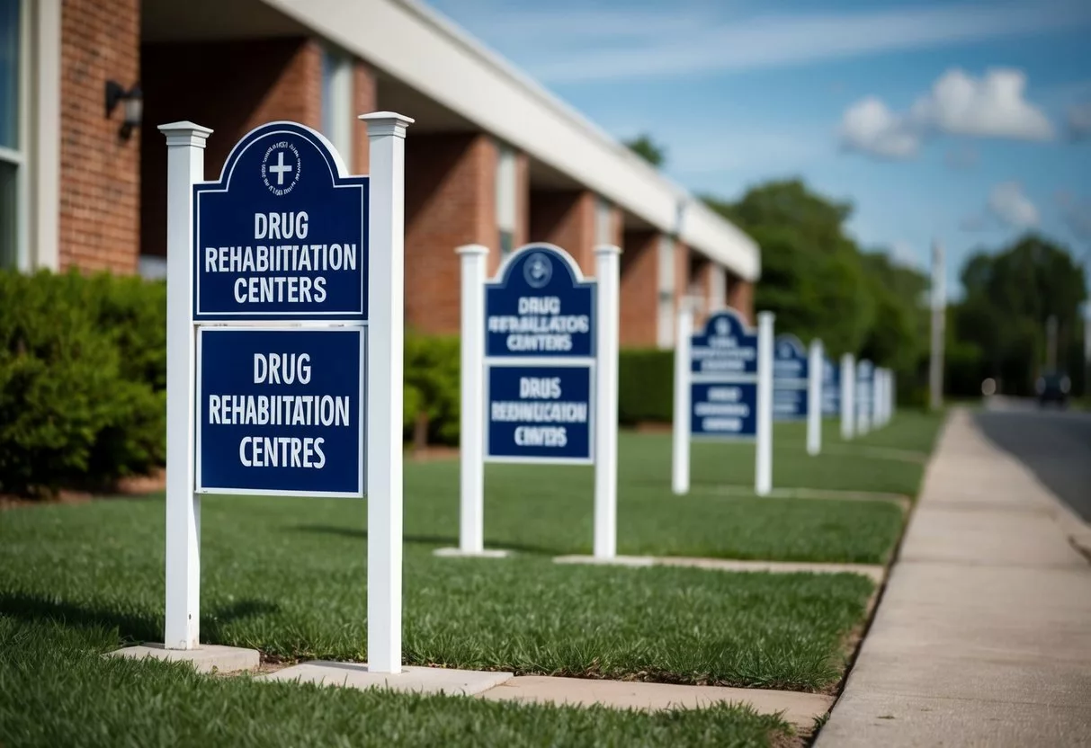 A row of drug rehabilitation centers with open doors and welcoming signs