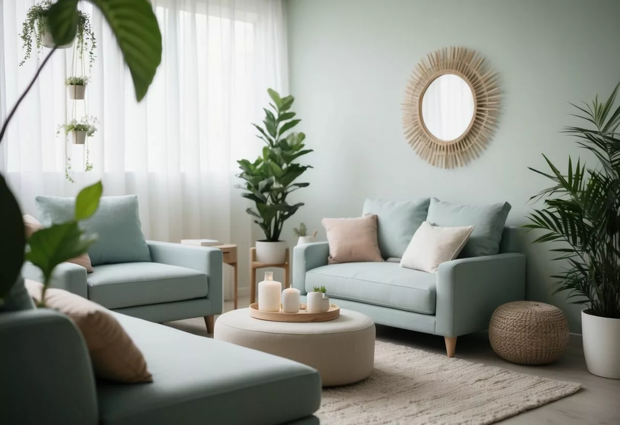 A serene setting with soft lighting, comfortable seating, and soothing decor. A calming atmosphere with plants, gentle music, and natural elements for relaxation and healing