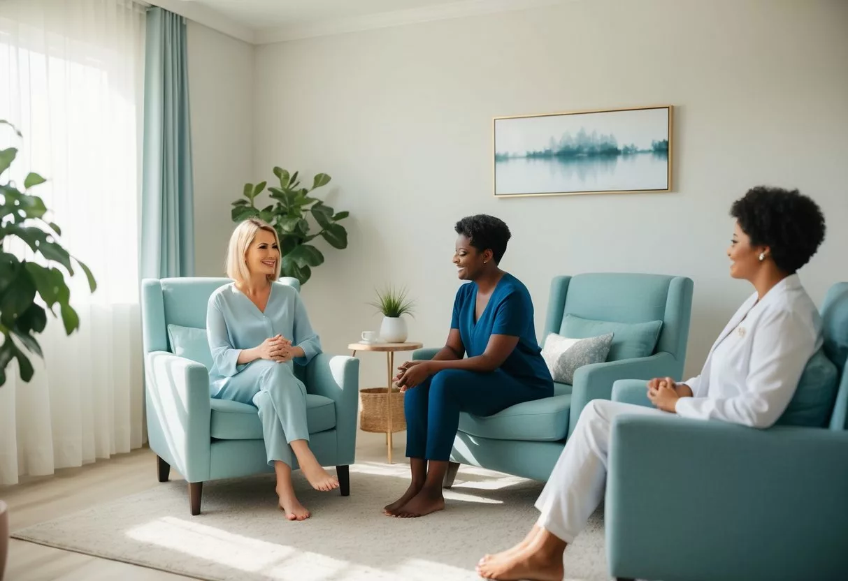 A serene, sunlit room with comfortable seating and calming decor. Soft music plays in the background as a therapist engages with a client in deep conversation