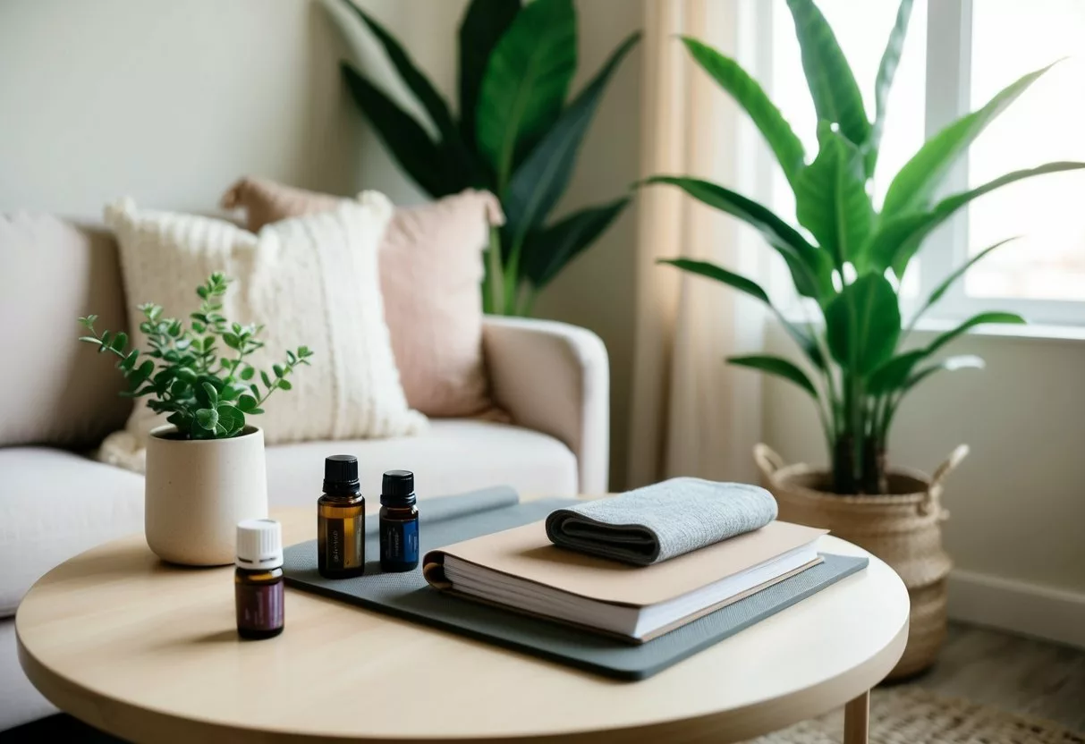 A serene room with soft lighting, plants, and cozy seating. A journal, yoga mat, and calming essential oils are displayed on a side table