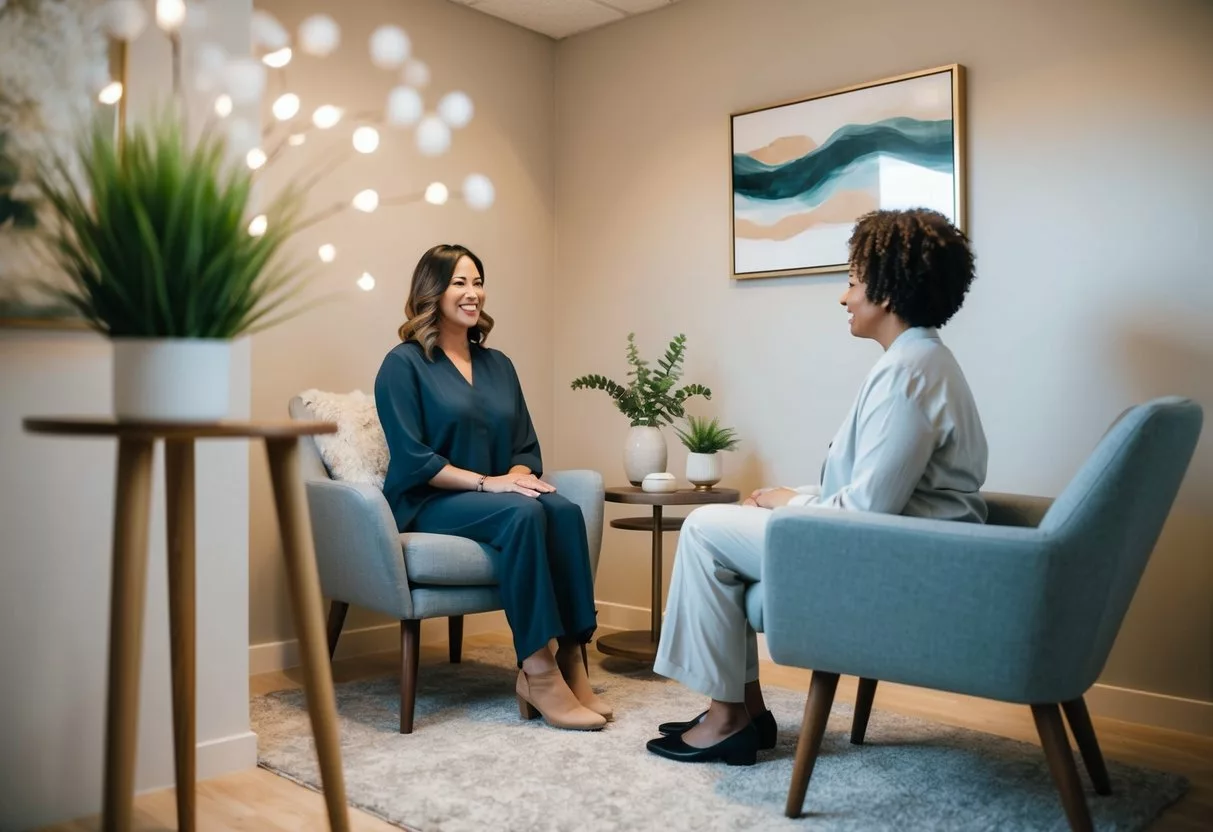 A cozy therapy room with soft lighting, comfortable seating, and calming decor. A therapist sits across from a client, offering support and understanding