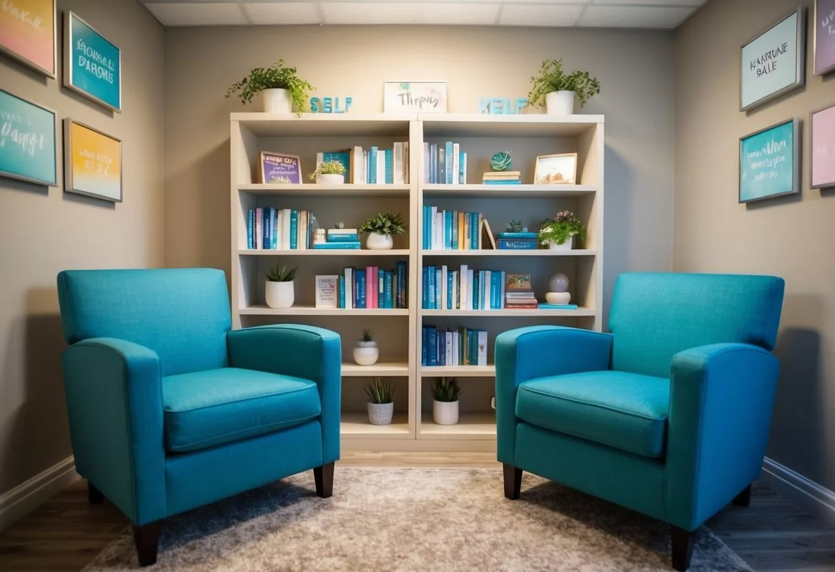 A cozy therapy room with two armchairs facing each other, soft lighting, and a bookshelf filled with self-help books and calming decor