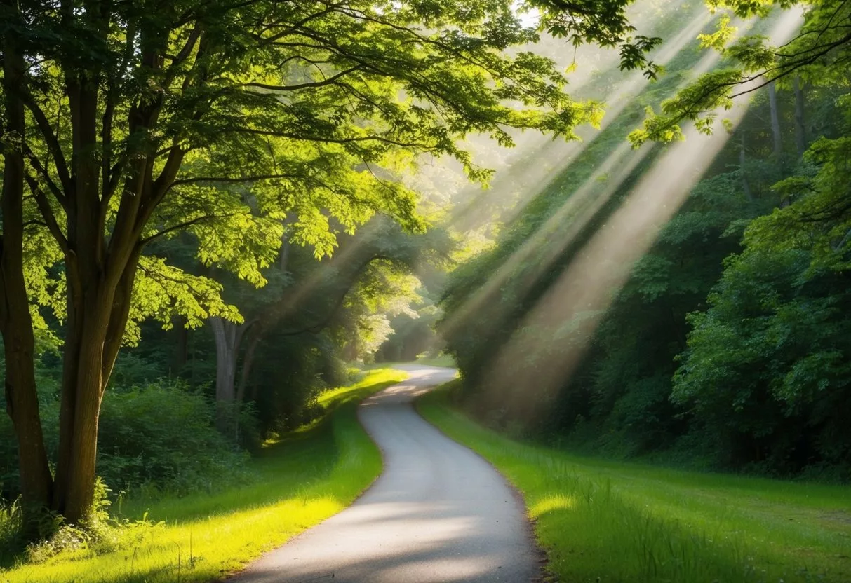 A serene setting with a winding path leading through a lush green forest, with rays of sunlight breaking through the trees, creating a sense of hope and calmness