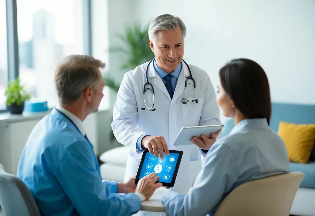 A doctor conducting a virtual consultation with a patient using a computer or tablet, with medical equipment and a comfortable setting in the background