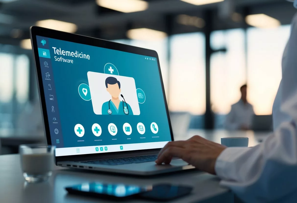 A modern, sleek telemedicine software platform interface with various medical icons and a video call window for virtual consultations