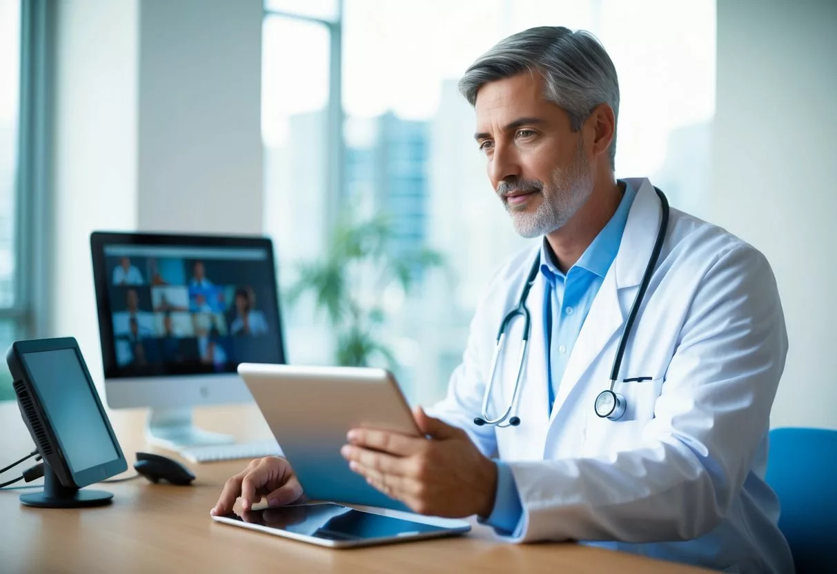 A doctor in a white coat consults with a patient via video call on a tablet, while medical equipment and a computer monitor sit nearby