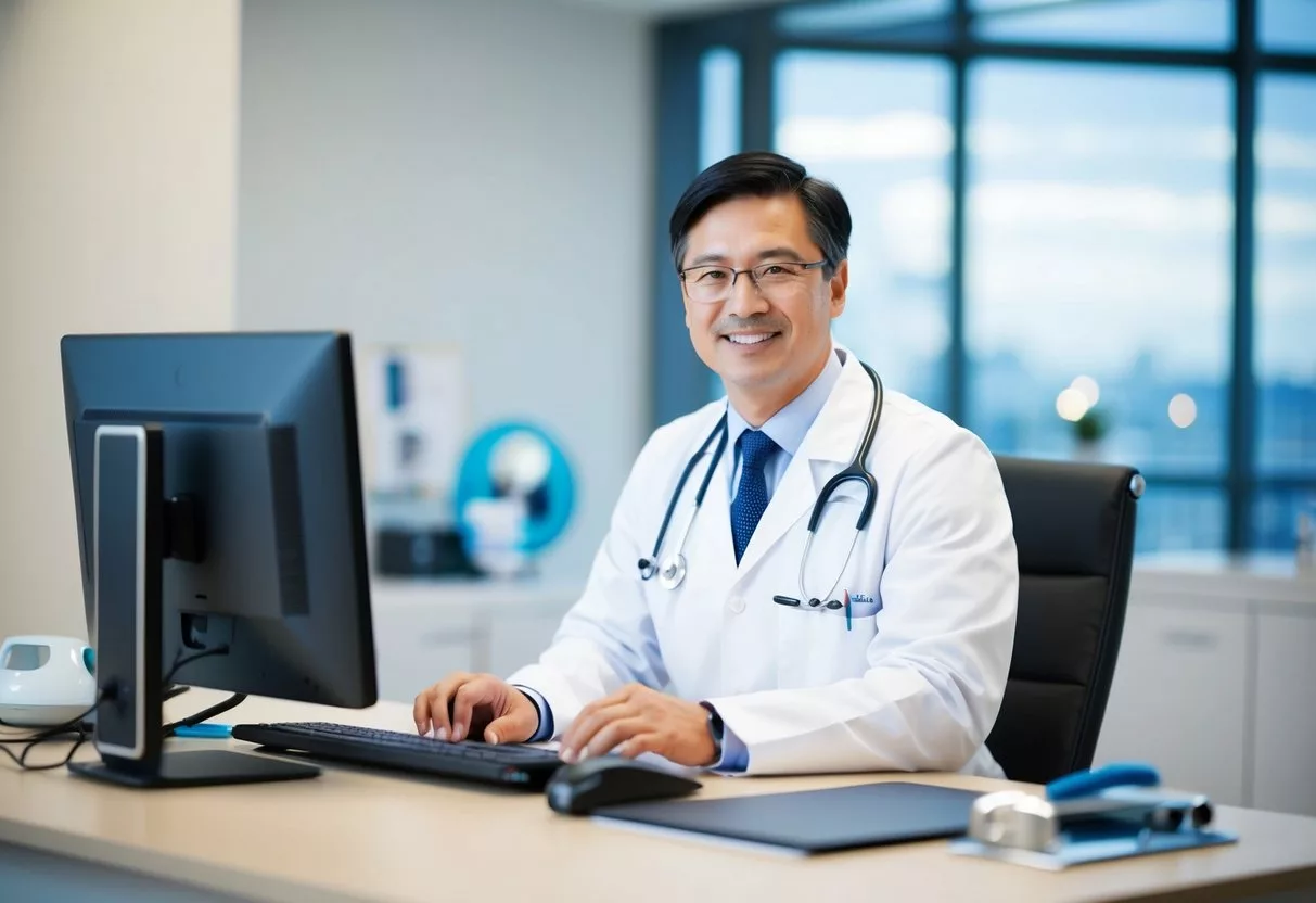 A doctor sitting at a desk with a computer, video conferencing equipment, and medical tools nearby