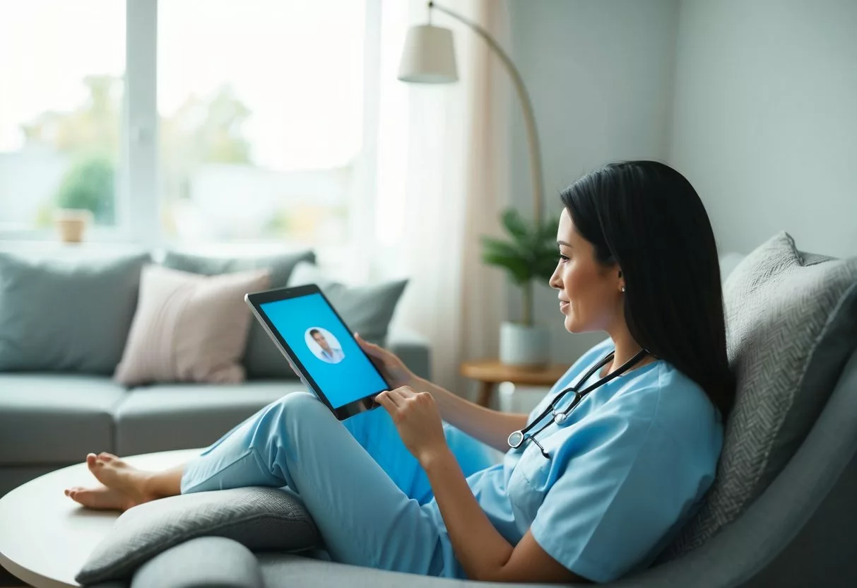 A person sitting comfortably at home, using a tablet or computer to connect with a healthcare provider through a telehealth platform