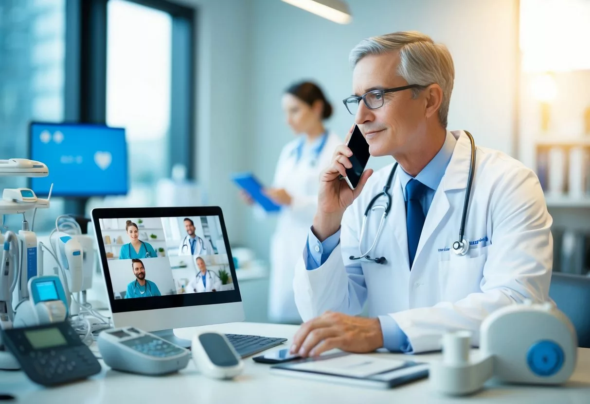 A doctor consults with a patient via video call while surrounded by various medical devices and technology