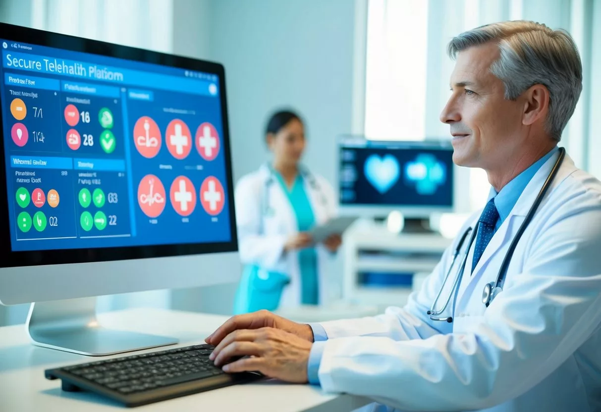 A doctor monitors a computer screen displaying vital signs and medical data, while a secure telehealth platform ensures patient confidentiality