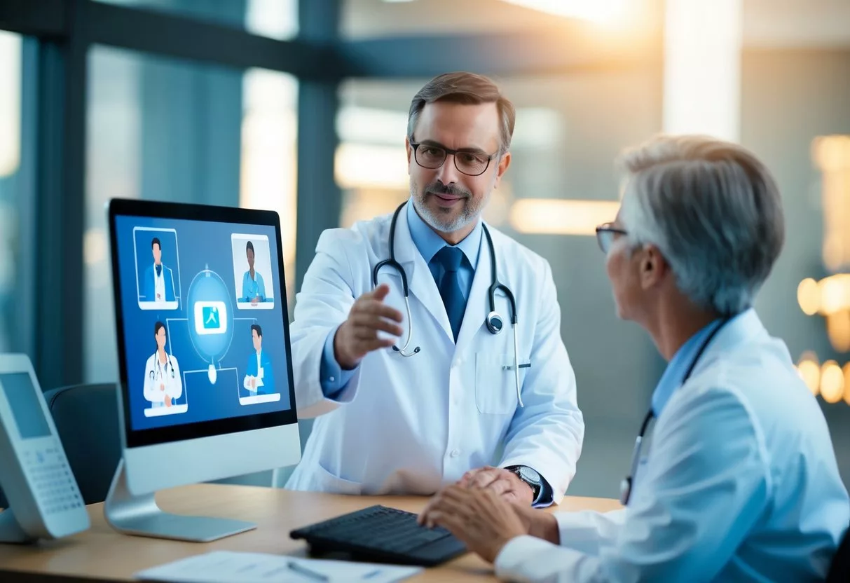 A doctor conducting a virtual consultation with a patient on a computer screen, while medical equipment and a telemedicine platform are visible in the background