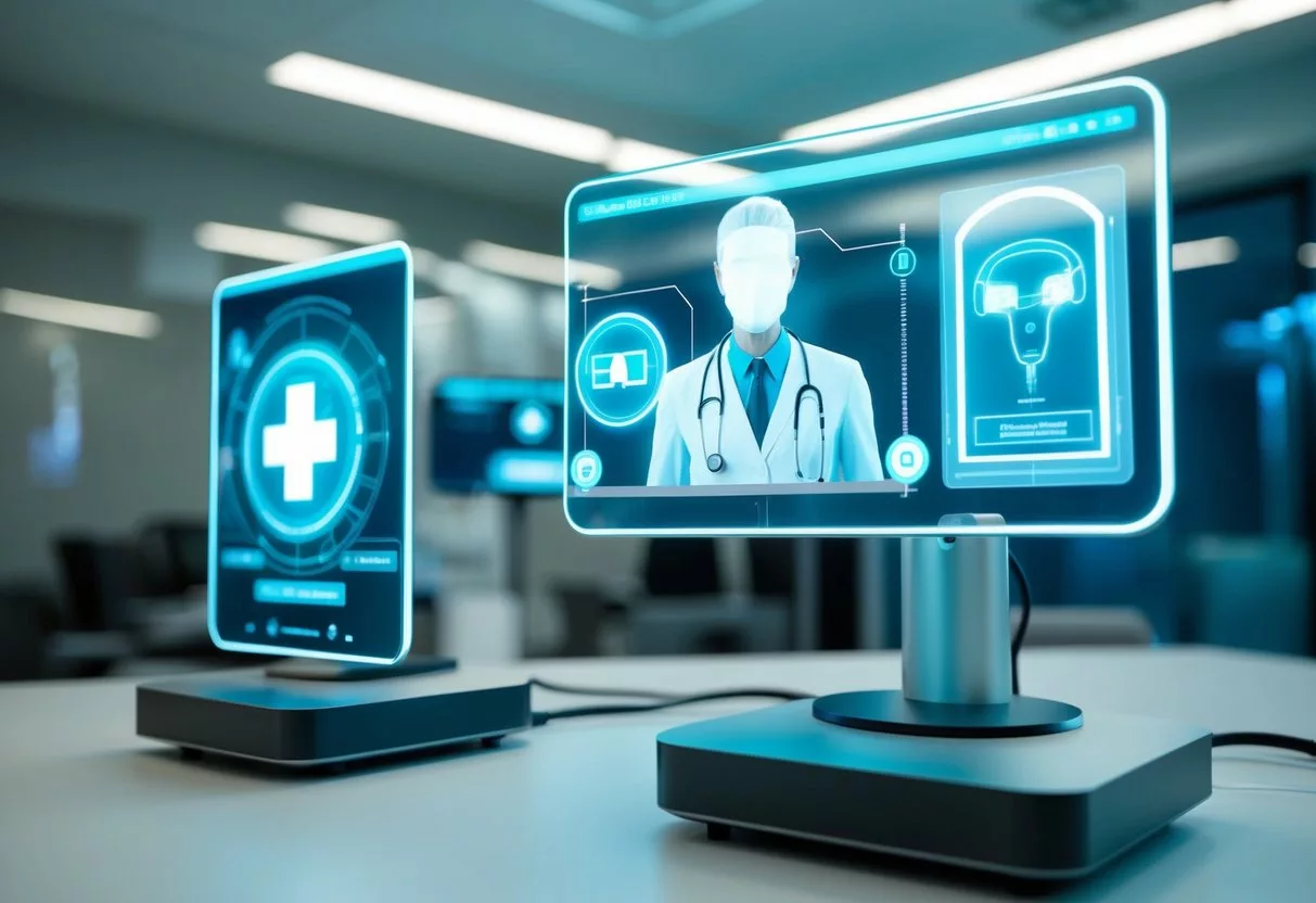 A futuristic telemedicine hub with holographic displays and advanced medical equipment