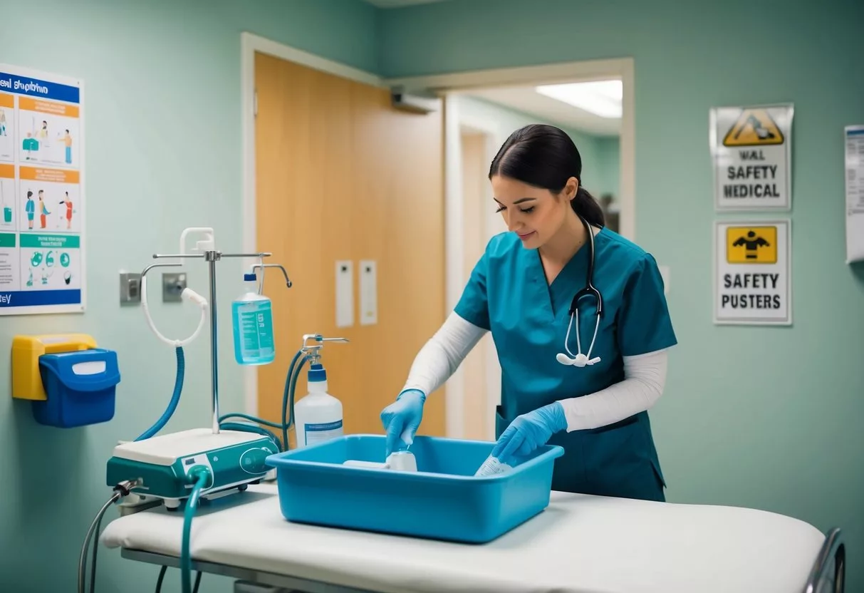 A home health care worker sterilizes medical equipment in a well-lit, organized room with safety posters on the wall