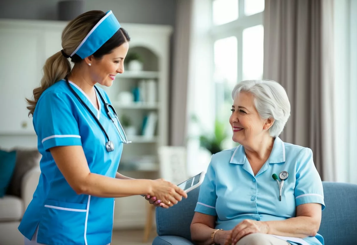 A home health care nurse visits a patient's home, providing medical services and assistance with daily activities