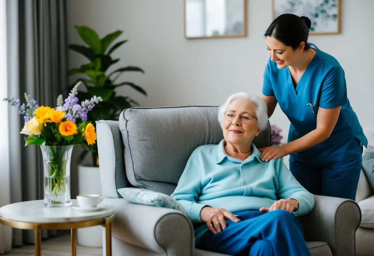 A cozy living room with a comfortable armchair, a side table with a vase of flowers, and a caregiver assisting an elderly person with daily activities