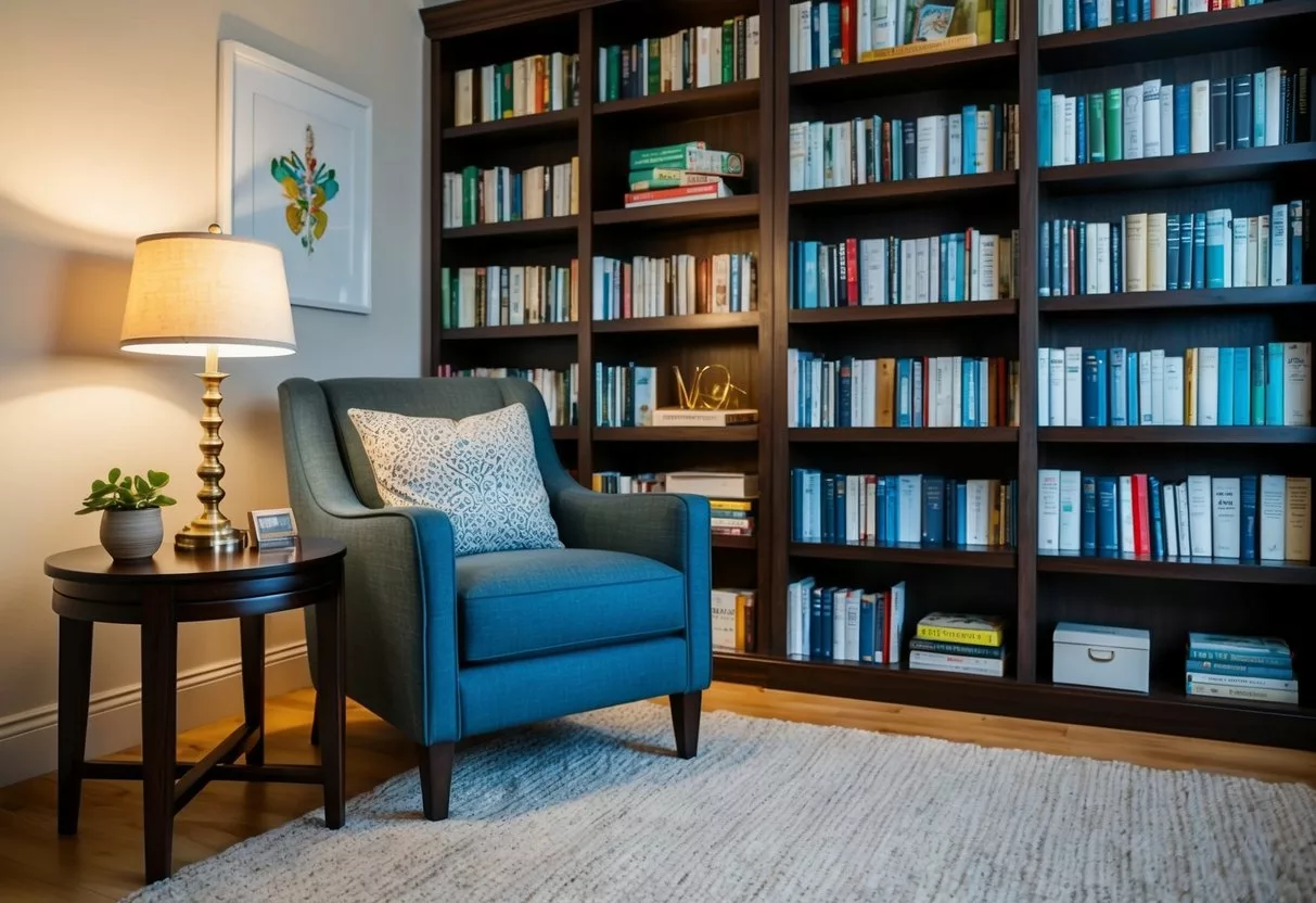 A cozy living room with a comfortable armchair, a side table with a lamp, and a bookshelf filled with medical and health-related books